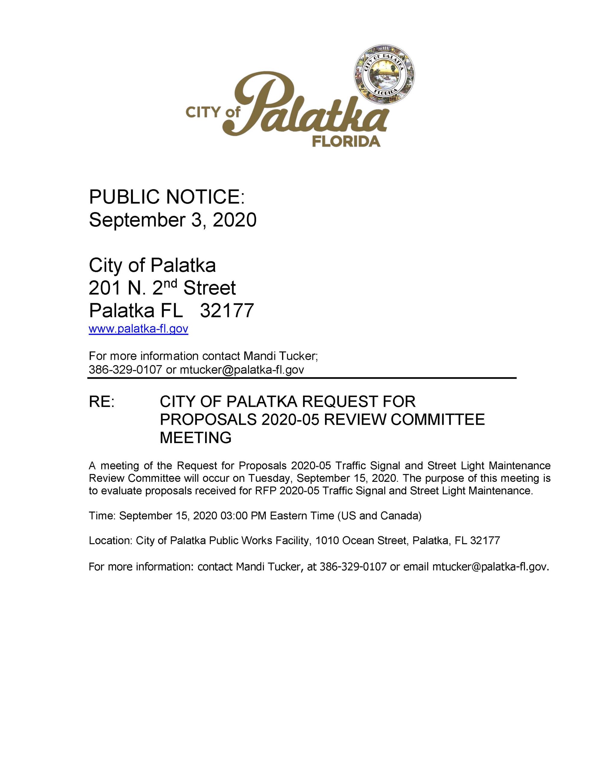 Public Notice Evaluation committee RFP 2020-05 Sept. 15, 2020